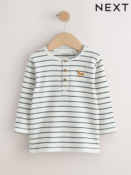 Navy/White Dog Embroidered Stripe - Long Sleeve Henley Neck T-shirt (3mths-7yrs)