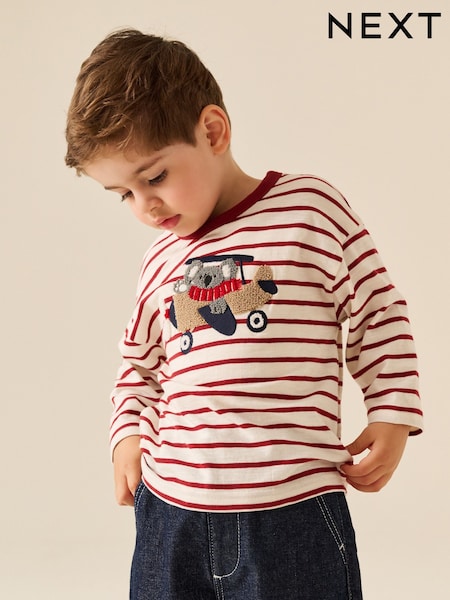 Burg/White Koala Plane - Long Sleeve Appliqué T-shirt (3mths-7yrs)
