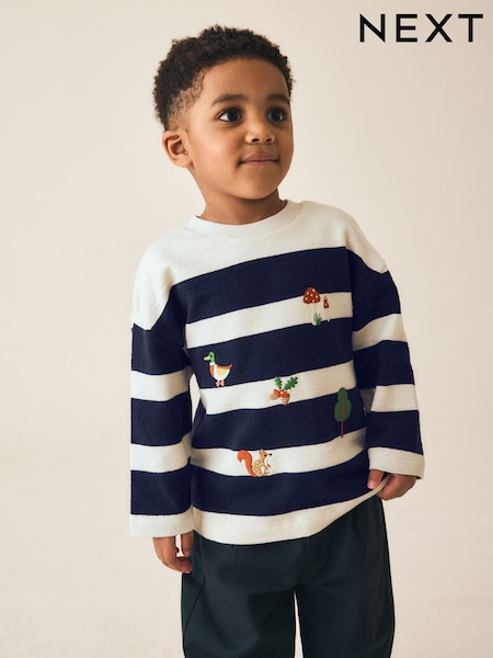 Navy/White Woodland embroidered - Long Sleeve Appliqué T-shirt (3mths-7yrs)