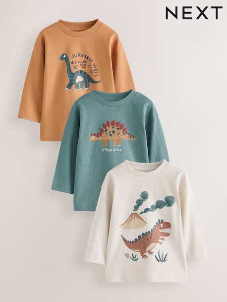 Brown Dinosaur - Long Sleeve Graphic T-shirts 3 Pack (3mths-7yrs)