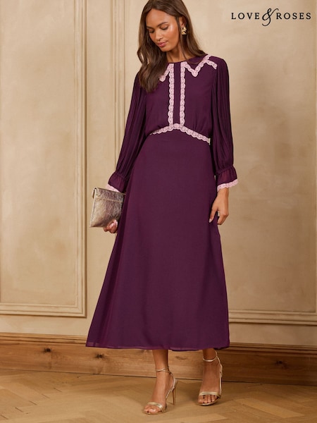 Burgundy Red - Love & Roses Lace Trim Collared Midi Tea Dress