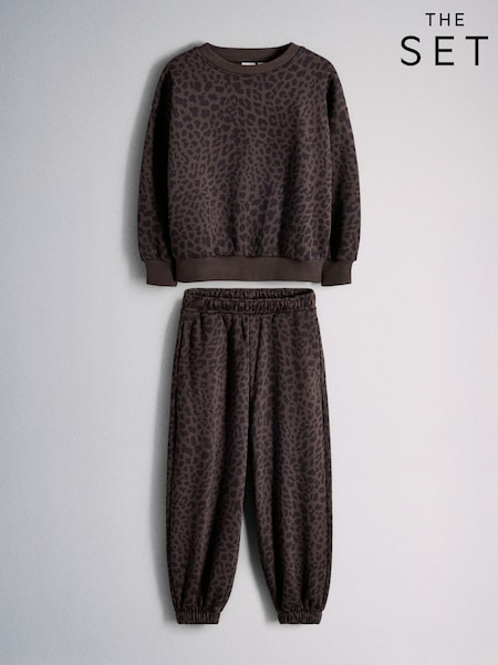 Chocolate Brown Animal Print - The Set Heavyweight Crew Neck Jersey And Cuffed Joggers Co-ord Set
