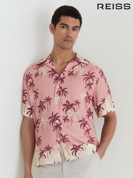 Pink - Regular Reiss Madrona Palm-print Cuban-collar Shirt