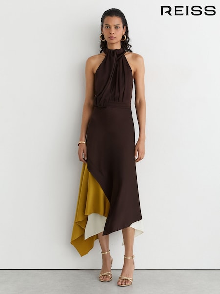 Burgundy/Green - Reiss Bianca Colour-block Layered Midi Dress