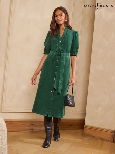 ירוק יער - Love & Roses Cord Scallop Detail Midi Dress