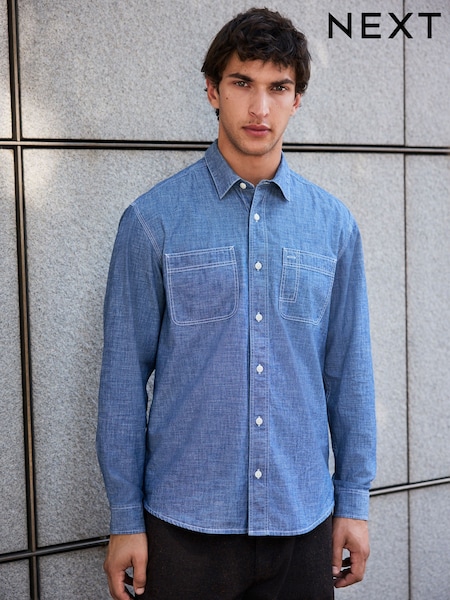 Blue - Regular Chambray Twin Pocket Long Sleeve Shirt