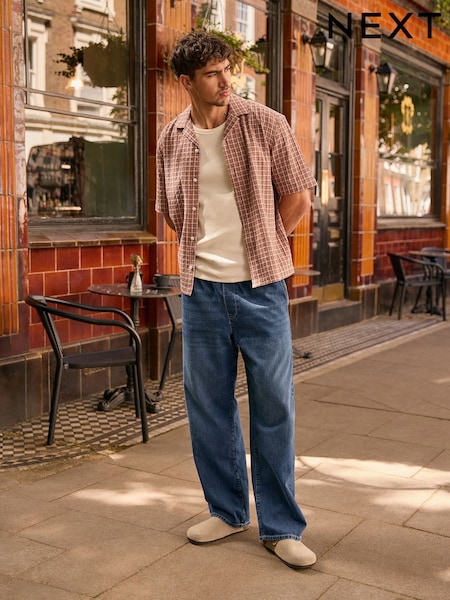 Mid Blue - Baggy Fit Elasticated Waist Drawstring Jeans
