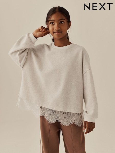 Oatmeal - Cosy Rib Lace Hem Sweatshirt (3-16yrs)