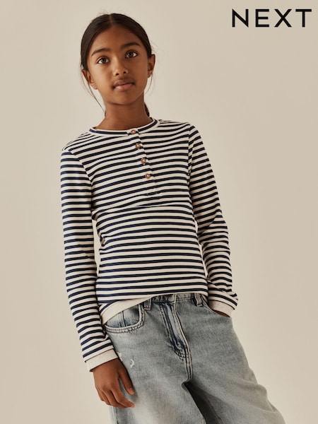 Navy Stripe - Long Sleeve Ribbed Henley Top (3-16yrs)