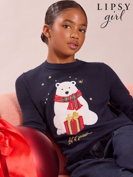 Темно-синий с белым медведем - Lipsy Fine Gauge Knit Christmas Jumper (5-16yrs)