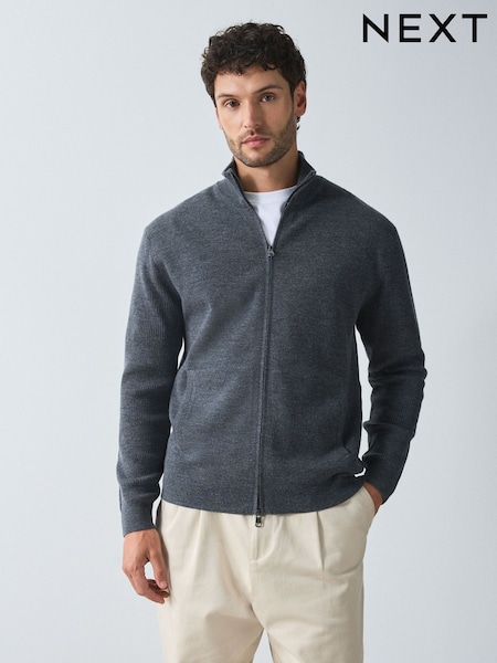 Charcoal Grey - Regular Funnel Neck Zip Up Knitted Jacket