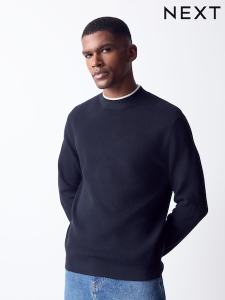 Navy Blue - Regular Knitted Mock T-shirt Crew Jumper