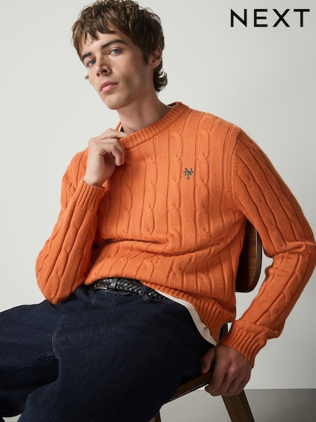 Orange - Regular Cable Knit Crew Neck Jumper