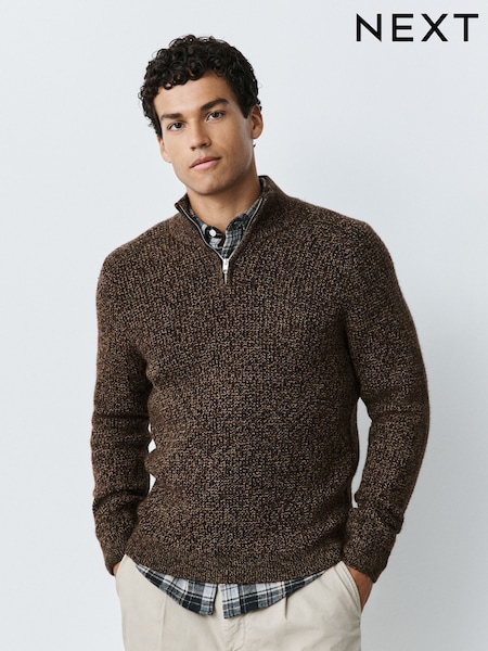 חום - Regular Twisted Yarn Quarter Zip Jumper