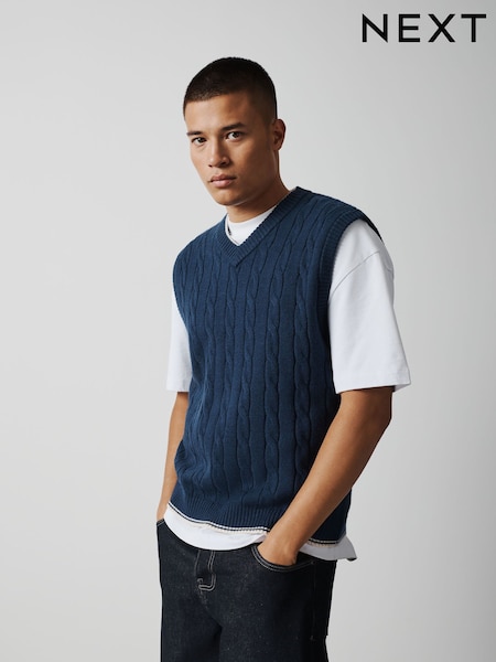 Bleumarin albastru - Regular Cable Knit V-neck Vest