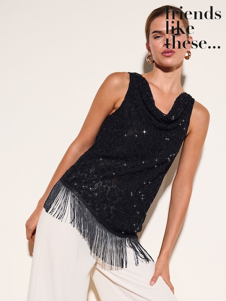 Black - Friends Like These Cowl Neck Lace Fringe Top With Sequins