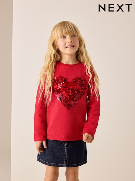 Red - Long Sleeve Sequin Heart Top (3-16yrs)