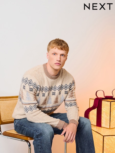 本色白色 - Regular Fairisle Tree Christmas Jumper