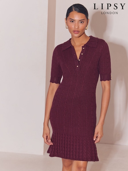 Berry Red - Lipsy Knitted Polo Collar Mini Dress