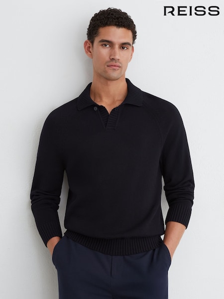 Navy - Regular Reiss Ashdown Cotton Open-collar Polo Jumper