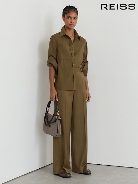 카키 - Reiss Adie Wool-blend Wide-leg Trousers