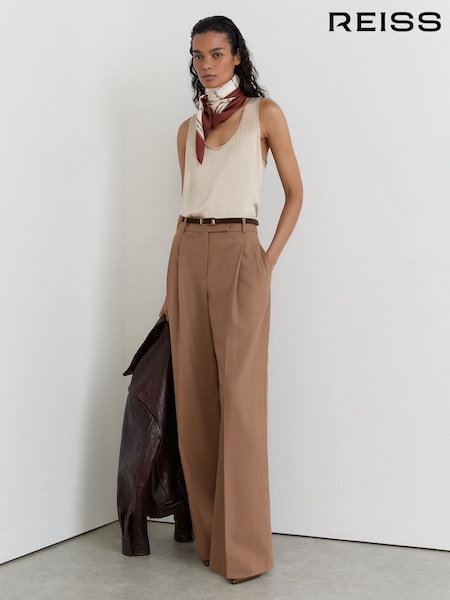 Camel - Reiss Luna Wool-blend Wide-leg Pleated Trousers