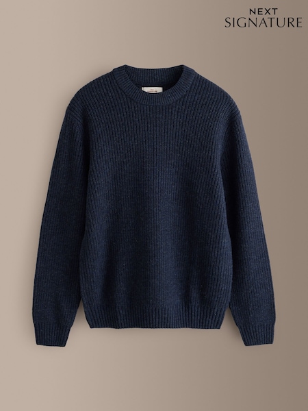 Navy Blue - Regular Signature Lambswool Rib Crew Neck Jumper