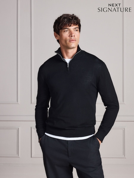 Black - Regular Merino Wool Signature Quarter Zip Jumper