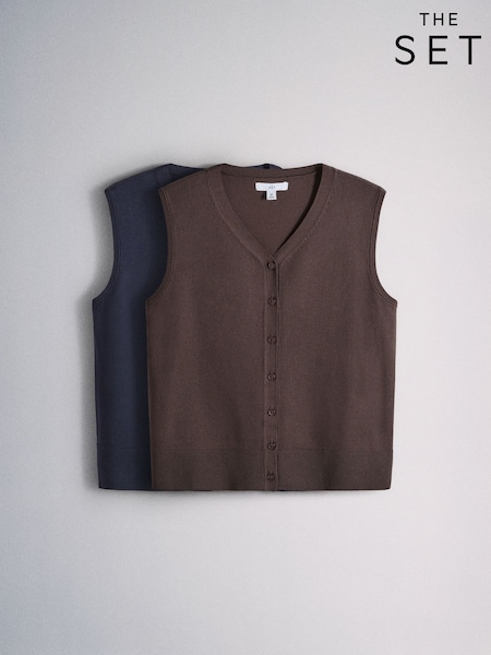 Navy Blue/Chocolate Brown - The Set 2 Pack Fine Knit V-neck Waistcoat