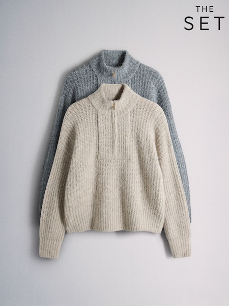 Gris/marron - The Set 2 Pack Quarter Zip Jumper With Wool