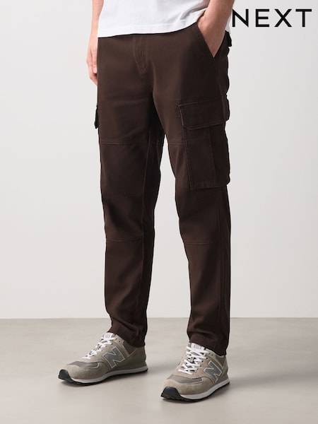 Dark Brown - Slim Fit Cotton Stretch Cargo Trousers