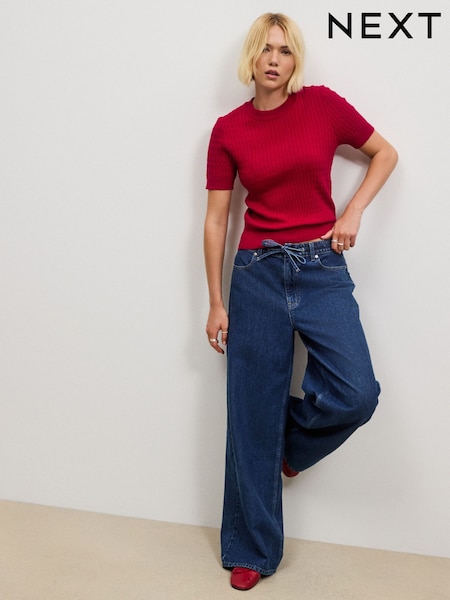 Dark Blue - Wide Leg Drawstring Jeans