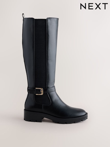 Black - Forever Comfort® Casual Buckle Knee High Boots