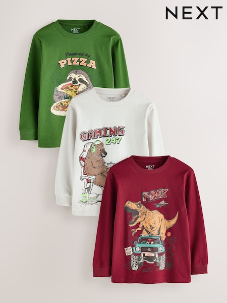 Red/Green/Grey Character - Graphic Long Sleeve Relaxed Fit T-shirts 3 Pack (3-16yrs)