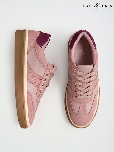 Pink - Love & Roses Faux Leather Comfort Lace Up Trainers