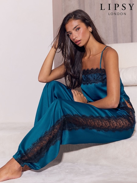 Blau - Lipsy Lace Detail Satin Balloon Leg Pyjamas Set