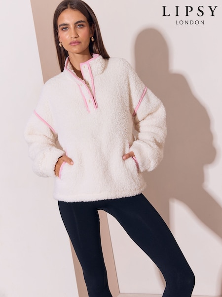 Cream Pink Piping - Lipsy Quarter Button Through Cosy Borg Fleece