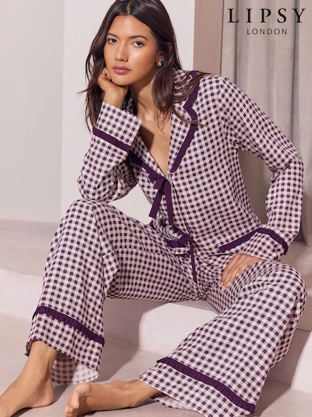 Purple - Lipsy Gingham Frill Collared Pyjamas Set