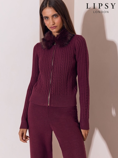 Бордово-червоний - Lipsy Faux Fur Trim Knitted Zip Up Hoodie