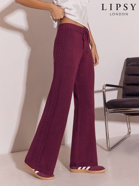 Burgundy Red - Lipsy Cable Detail Knitted Wide Leg Joggers