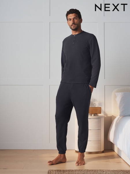 Charcoal Grey Grandad Collar - Regular Long Sleeve Waffle Pyjamas Set