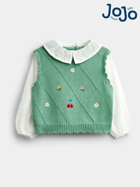 Sage Green Cherry - Jojo Maman Bébé Woven & Knit Embroidered Collar Top