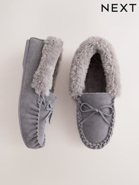 Grey - Moccasin Suede Slippers