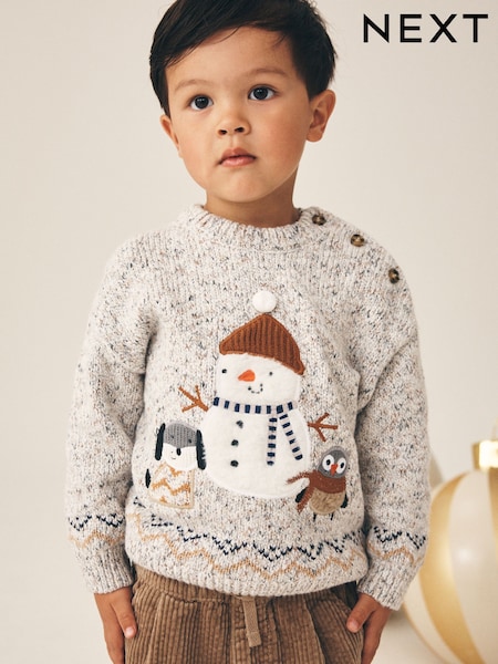 Szary - Christmas Knitted Crew Neck Cardigan (3mths-10yrs)