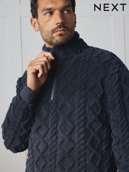 Navy - Regular Borg Half Zip Chunky Cable Fleece