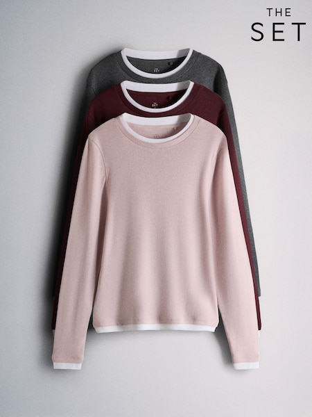 灰色混紡/粉紅色/酒紅色 - The Set 3 Pack Mock Layer Semi Sheer Soft Touch T-shirts