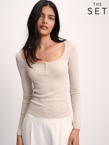 Brown/Oat Marl/Neutral/White - The Set 4 Pack Lace Henley Long Sleeve T-shirts