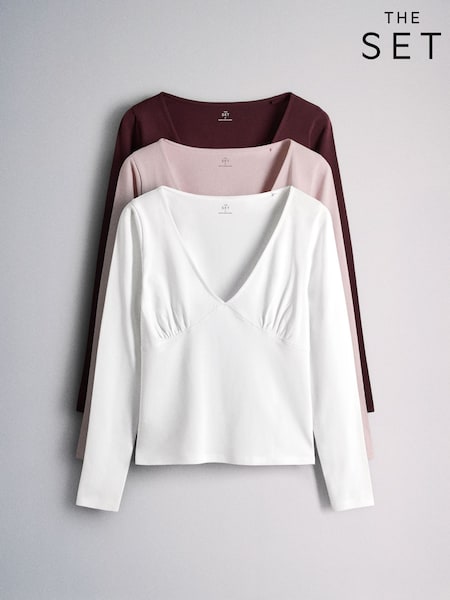 Burgundy Red/Pink/White - The Set 3 Pack V-neck Gathered Long Sleeve Tops