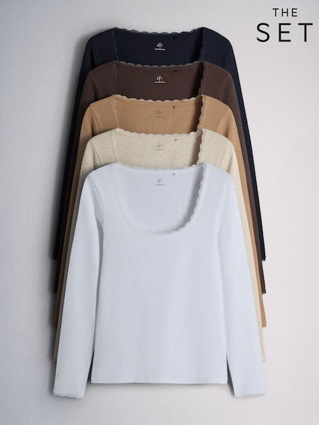 Navy/Brown/Tan/White/Oat Marl - The Set 5 Pack Long Sleeve Ribbed Lace Scoop Tops