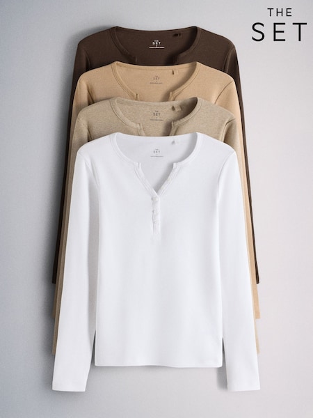 Brown/Neutral/Oat Marl/White - The Set 4 Pack Long Sleeve Button Henley T-shirts